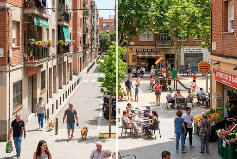 Vistas de los bloques de pisos, plazas y la vida vecinal en La Prosperitat, Barcelona